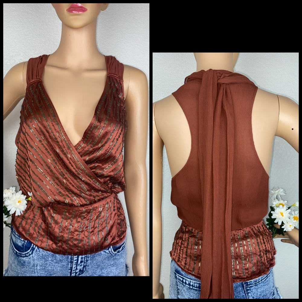 Walter Baker 100% Silk Metal Sequin Embellished Wrap Vest Blouse Top